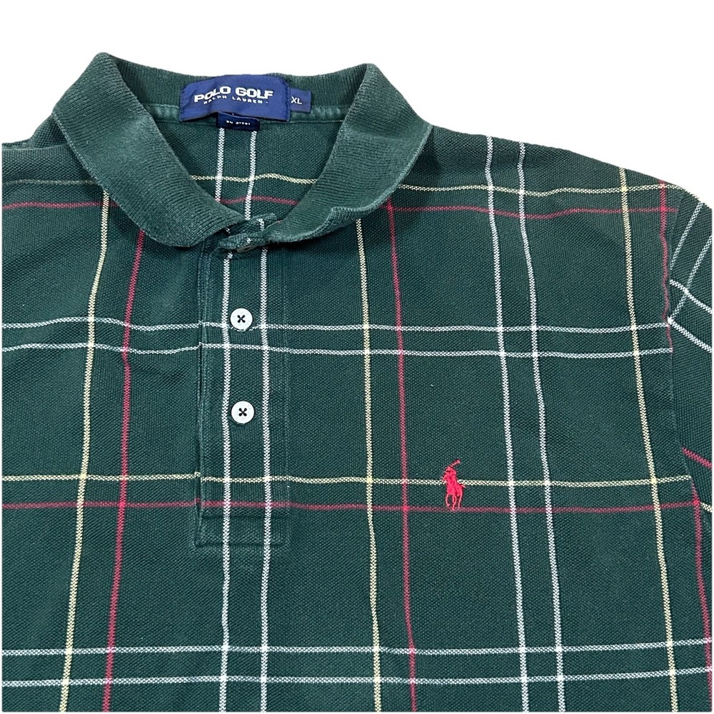 Vintage Polo Golf Ralph Lauren Rugby Shirt Mens XL Green Tartan Plaid 90s